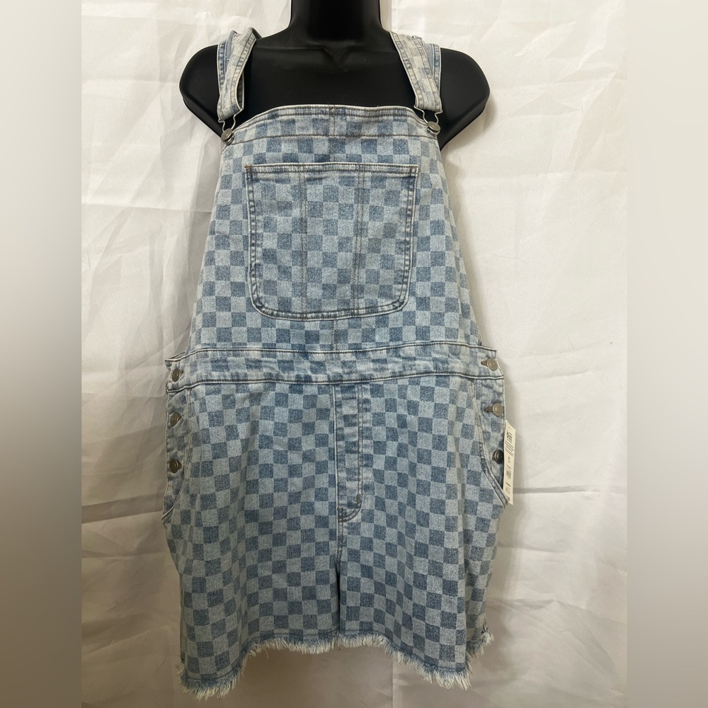 NWT Checkered Denim Overall Shorts